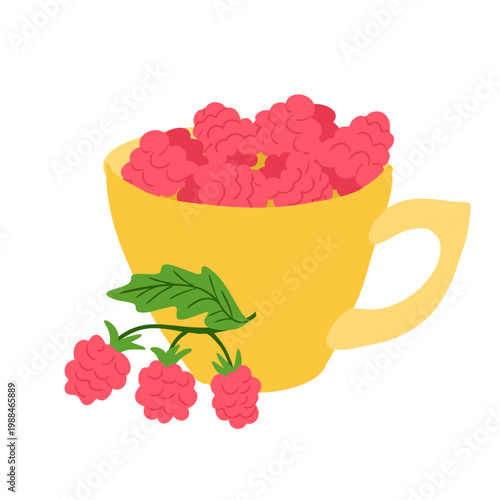 Yellow cup filled with fresh raspberries and a sprig of green leaves placed beside it on a white background, showcasing vibrant colors and simple design