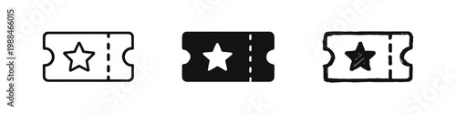 Event Ticket with Star Icon Set - Admission Pass in Three Styles: Outline, Silhouette, and Hand-Drawn