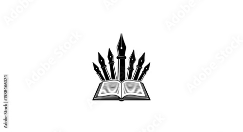 Academic literature logo vector with calligraphy pen nib crown and open book education emblem isolated on white