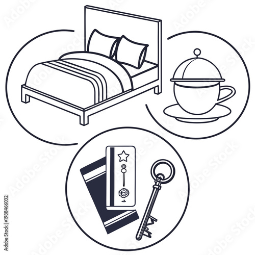 A minimalist vector graphic illustrating hotel amenities including a bed, food, and a key