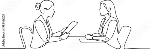 Job interview. Vector simple composition of one continuous line depicting a recruiter and a candidate. Continuous line drawing depicting two women talking at a table. one line Icon drawing