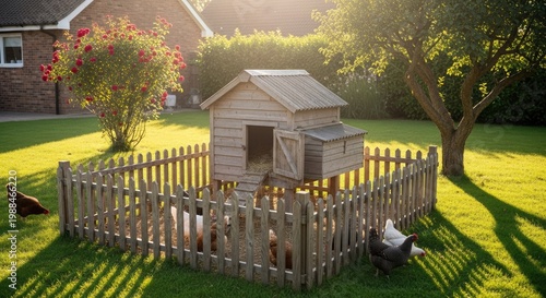 chicken coop with fenced backyard garden.