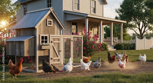 chickens gathered around a coop house.