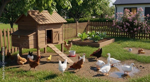 chickens gathered around coop outdoors.