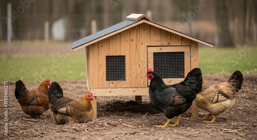 chickens standing near wooden coop house.