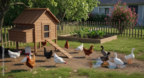 chickens in a backyard farm yard.