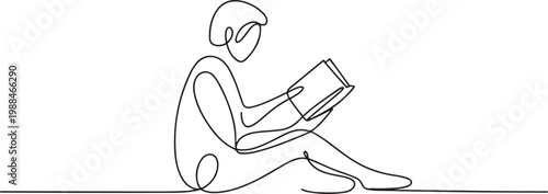 One continuous line drawing of person enjoying reading book. Single line vector art, minimalist design, education, knowledge. one line Icon drawing