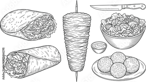 Vector Illustration Set of Middle Eastern Food Featuring Shawarma Wraps Doner Kebab Meat Falafel Balls and Fresh Salad for Menus
