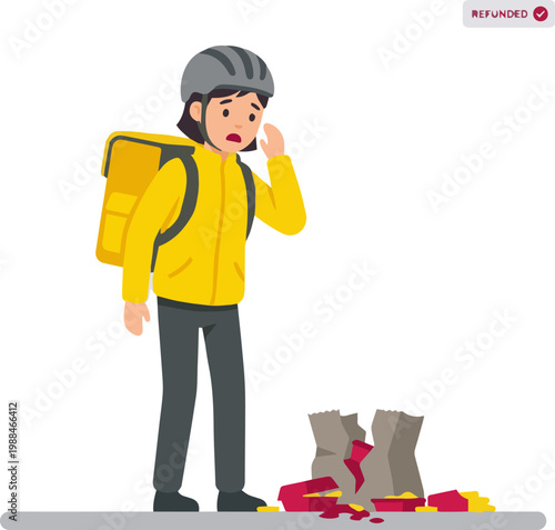 Sad delivery courier worker standing over dropped broken food order illustrating package damage and service refund