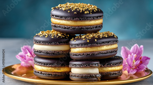Black cocoa macarons stacked in a tower, decorated with shiny edible gold foil on a white background.