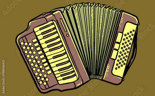Accordion musical instrument illustration for t-shirt print, poster, and sticker. Vintage hand drawn style accordion vector artwork.