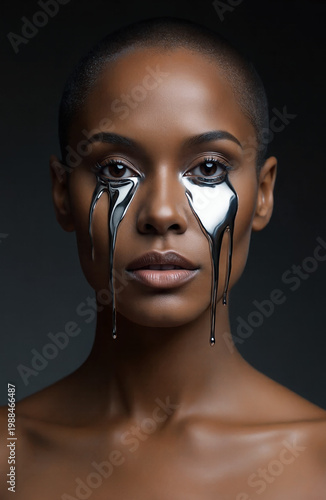 Surreal female portrait crying with liquid chrome tears. Molten silver liquid streaming from her eyes. Dark and moody background, the metallic texture creates an aesthetic deep emotion