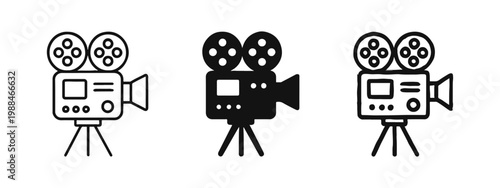 Vintage Movie Camera Icon Set - Retro Film Cinema Projector in Three Design Styles