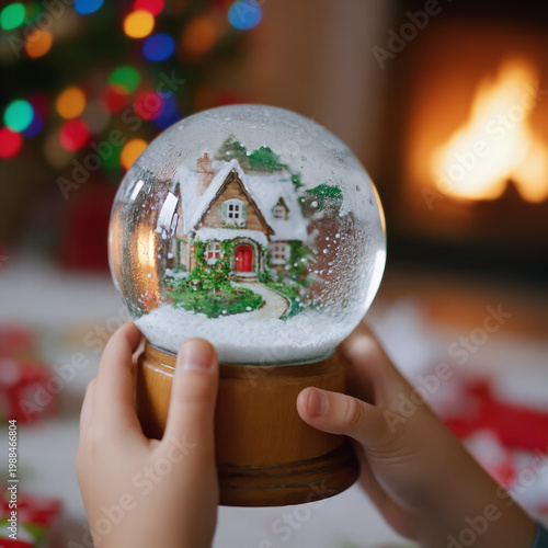 Charming scene with child hands holding a glass snow globe beside the warm fireplace with twinkling Christmas lights in the background. Magical and nostalgic essence of a cozy winter evening at home