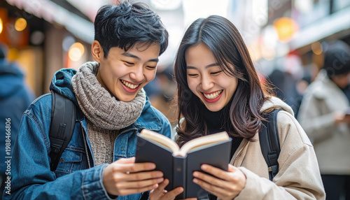 Two young students share a joyful moment on a busy city street, laughing as they look at an open book together. Wearing cozy winter layers and backpacks, heartwarming scene of friendship
