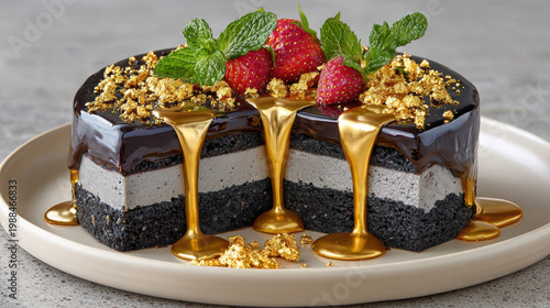 Charcoal sponge cake topped with glossy black glaze and decorated with gold flakes on plate.