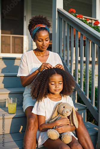 A mother tenderly braids her daughter hair as the young girl cradles a stuffed bunny on a sun-drenched porch. Warm family life portrait, soulful and authentic moment of bonding and quiet affection
