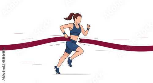 Female Athlete Crossing Finish Line Illustration - Winning Marathon Runner Breaking Red Ribbon for Success, Victory, and Achievement Concept