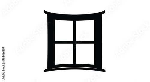 A minimalist black silhouette of a curved bay window with a symmetrical four pane design