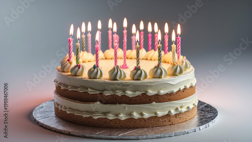 Festive Birthday Cake with Many Lit Candles on a Light Gray Background