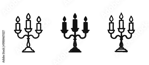 Candelabra with Burning Candles Icon Set - Antique Candle Holder in Three Illustration Styles