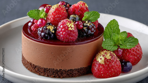 Chocolate mousse dessert cylinder garnished with gold-dusted berries on a white plate.
