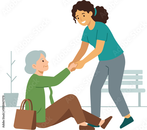 Vector illustration of a young woman helping an elderly person stand up in a park, representing care, compassion, and social support.