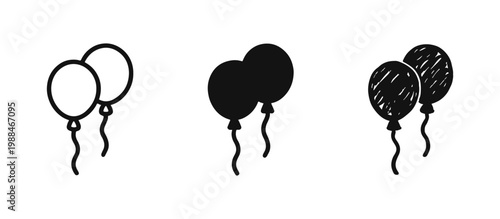 Balloon Icon Set in Outline, Solid, and Hand-Drawn Doodle Styles for Party and Celebration Decoration