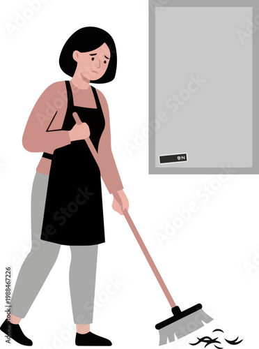 Sad woman sweeping fallen hair from floor following salon session or alopecia medical health concern illustration