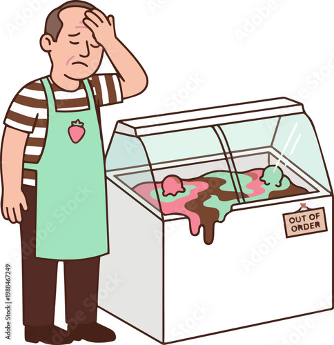Entrepreneur stressed by broken ice cream shop refrigerator with melted dairy and service failure sign