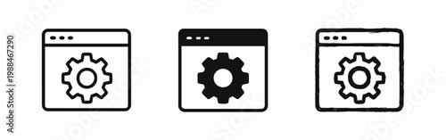 Web Browser Settings Icon Set with Gear in Outline, Solid, and Hand-Drawn Styles for Website Configuration