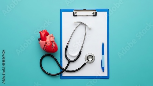 Cardiology medical concept with human heart model, stethoscope and clipboard on blue background, healthcare diagnostic tools and patient report