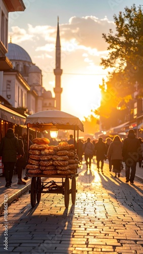 Golden sunlight bathes a bustling city street. A minaret rises beside an ornate building. A food cart and strolling people create a lively scene