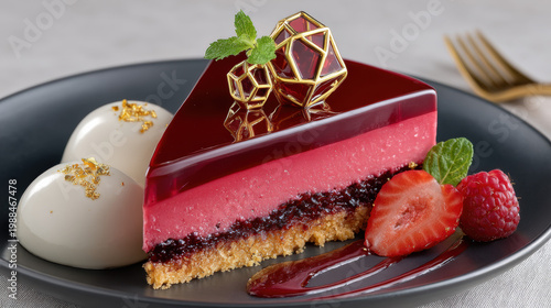 Dark chocolate entremet with glossy mirror glaze and geometric gold garnish, elegant dessert presentation.