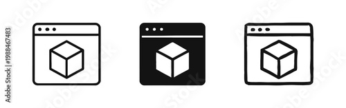 Browser Window with 3D Cube Icon Set in Outline, Solid, and Hand-Drawn Styles for Modeling and Web Design