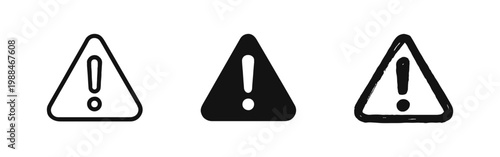 Exclamation Mark Warning Triangle Icon Set in Outline, Solid, and Hand-Drawn Styles for Alert and Attention