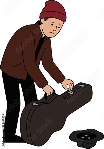 Sad street musician packing guitar case post performance showing poverty homelessness hardship lack earnings