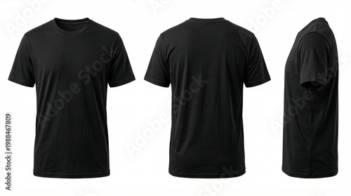 Blank black t-shirt mockup set, front, back, and side view on white background.