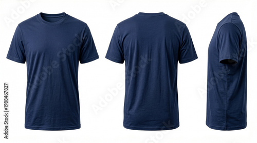 Blank blue navy t-shirt mockup set, front, back, and side view on white background.