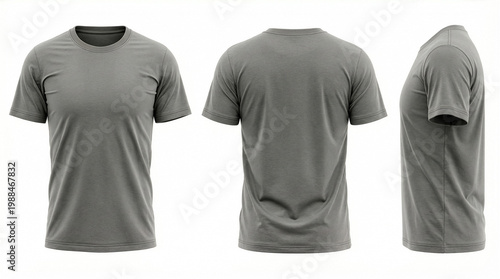 Blank grey t-shirt mockup set, front, back, and side view on white background.