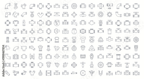 Set of plumbing pipe and industrial valve line icons for engineering and construction.