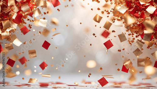 Falling gold and red confetti pieces on soft bokeh background for celebrations