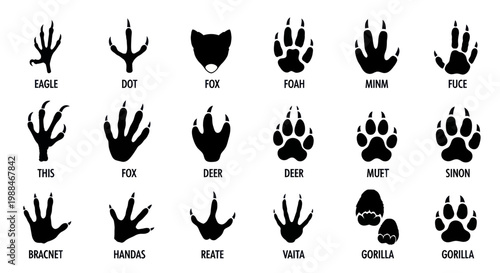 Collection of animal footprint silhouettes and wildlife tracks isolated on white background
