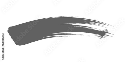 A minimalist black ink brush stroke sweeping in a smooth arc, with textured edges and fading bristle marks on a clean white texture background vector.	
