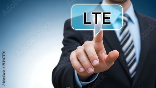 LTE wireless technology concept, businessman touching virtual 4G network button, high speed mobile broadband internet connection interface