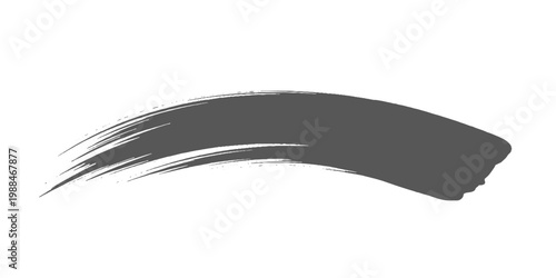 A minimalist black ink brush stroke sweeping in a smooth arc, with textured edges and fading bristle marks on a clean white texture background vector.	
