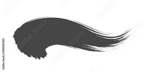 A minimalist black ink brush stroke sweeping in a smooth arc, with textured edges and fading bristle marks on a clean white texture background vector.	
