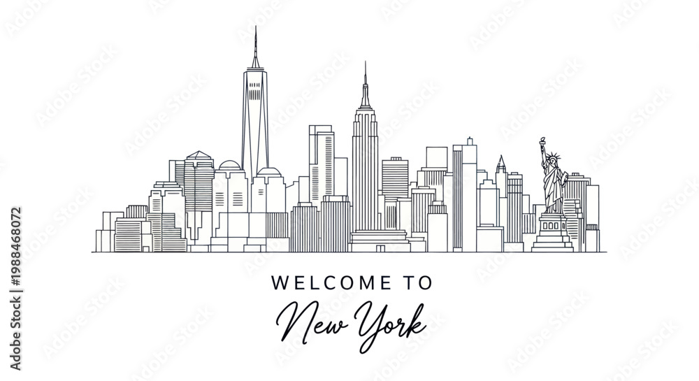 Fototapeta premium Minimalist New York City skyline line art illustration with Welcome to New York text.