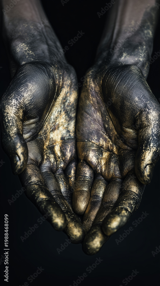Obraz premium Human hands covered in black and gold paint held open in cupped gesture on dark background, conceptual art of wealth and greed