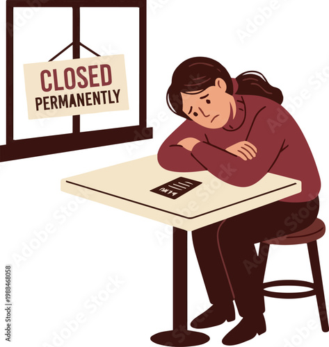 Sad female small business owner with a permanently closed sign behind her depicting bankruptcy and failure
